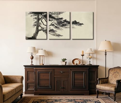 Image of Frimeeme Vintage Sketch Pine Tree Framed Canvas Wall Art Set of 3,12x16 In | Antique Wilderness Forest Wall Decor, Nature Botanical Landscape, Modern Landscape Prints for Living Room Bedroom
