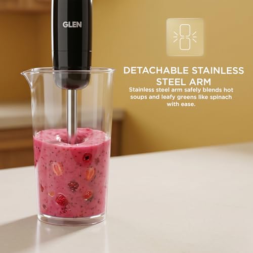 Image of Glen Hand Blender with Detachable Stainless Steel Arm,Low Noise powerfull DC Motor, Slim Grip Easy One-Hand Operation, Ideal for Turbo Speed Control Soups,Saag, Purees & Smoothies- Black (4063 HB BL)