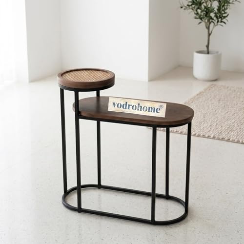Image of Charcoal Rattan Cane Side Table with Glass Top, Honey 3 | Bohemian Style, Solid Mango Wood, Cane Iron Construction, Nesting Table, S#047