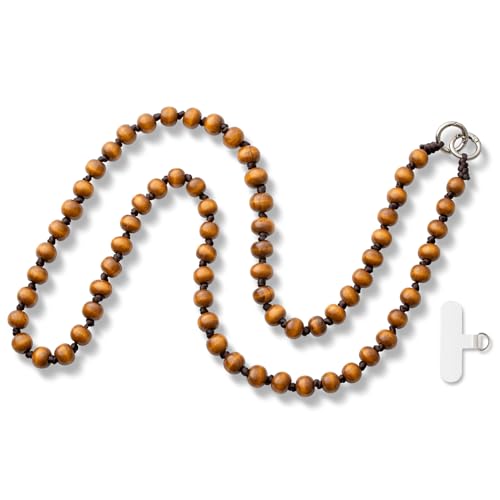 MORSUNBELA Handykette Perle Handykette 120 cm Handyband zum Umhängen Holzperlen Lanyard, für Schlüsselband Halsband Tascheband, Handyanhänger - Curry
