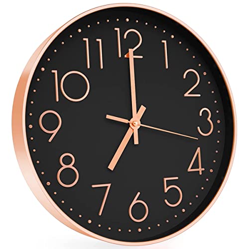 12″ Wall Clock Silent & Large Wall Clocks for Living Room Office Home Kitchen Decor Modern Style & Easy to Read – Rose Gold &Black