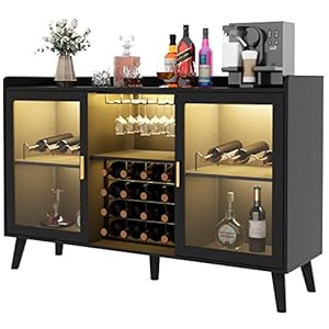 Wine Bar Cabinet with Led Light, Home Coffee Cabinet with Wine and Glass Rack, Kitchen Buffet Sideboard with Storage Shelves, Freestanding Liquor Cabinet for Living Room, Dining Room (Black)