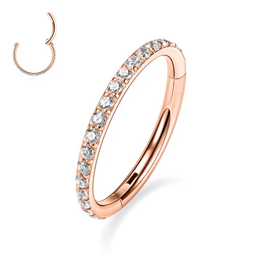 316L Surgical Steel Seamless Hoop Earrings 16G Hinged Nose Ring CZ Body Jewelry for Women 10mm Helix Rook Conch Lobe Rose Gold