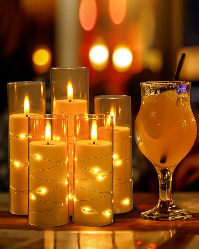 Image of Da by Flameless Candle Light, Battery Candle with recessed String Lights, 5 flameless Candles with 11-Key Remote Control, 24-Hour Timer Function, Champagne Color (Pack of 2)