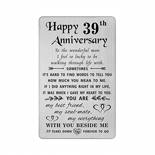 TANWIH 39th Anniversary Card for Husband - 39 Years Down Forever to Go - 39 Year Wedding Anniversary Card Gifts for Him Men, Engraved Metal Wallet Card
