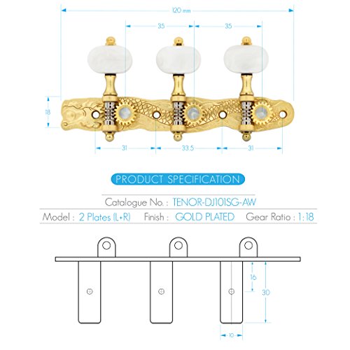 DJ101SG-AW TENOR Classical Guitar Tuners"Dragon and Phoenix" Professional Tuning Key Pegs/Machine Heads for Classical or Flamenco Guitar with Semi Gold Finish and White Buttons. - Thumbnail 7
