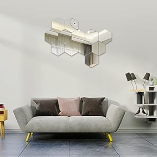 Hexagon Mirror Wall Stickers, 12 PCS Non Glass Removable Acrylic Mirror Sheet, Self-Adhesive Mirror Wall Decals DIY Modern Decoration, for Home Office Living Room Bedroom Wall Decor, Sliver