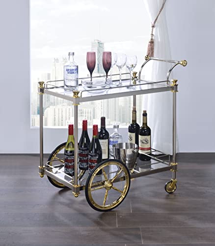 Serving Bar Carts Home Bar Carts With Wheels 2-Tier Clear Glass Holder And Metal Frame Mobile Kitchen Wine Storage Cart Serving Trolley For Home Dining Room (Gold+Silver) #TOP22