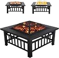 Fire Pit 32in Square Metal Firepit Patio BBQ Fireplace with Charcoal Rack Mesh Cover Poker for Camping Bonfire Picnic Outdoor Heating