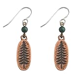 Antiqued Copper Pine Tree Dangle Earrings Sterling Silver Earwires Forest Green Matte Beads Boho Nature Mountains Outdoors Camping Woodland Wilderness Evergreen Beaded Jewelry for Women