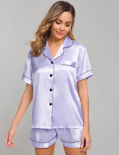 Image of SWOMOG Womens Silk Satin Pajamas Set Short Sleeve Sleepwear Button Down Top and Shorts Loungewear 2 Piece Pjs Set XS-3XL