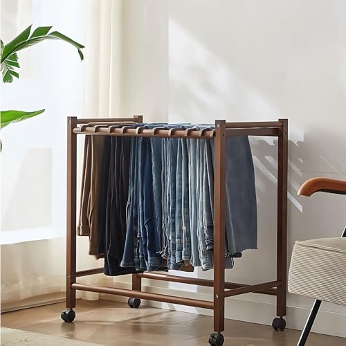 Cintre Pantalon Bois avec 12 cintres Présentoir Multifonctionnel pour Jeans avec roulettes pivotantes Porte Cintre pour magasin de vêtements, chambre à...