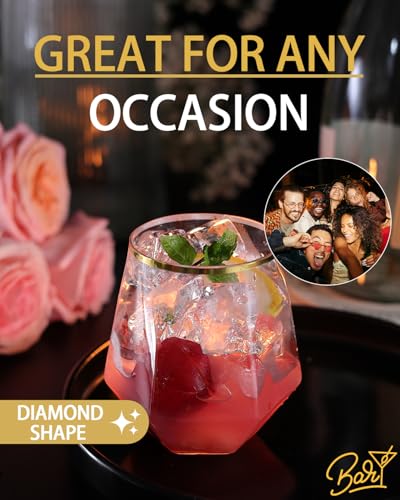 Image of Maaacute 40 Pcak Plastic Stemless Wine cocktail Whiskey Champagne Glasses, 12 Oz Gold Rim Disposable Clear Unbreakable Cups for Party Bars Wedding Tasting (Diamond-shaped)