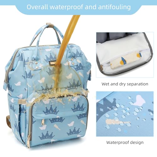Image of Diaper Bag Backpack, Diaper Bags for Baby Girls Boys, Baby Bags for Moms Dads, Nappy Changing Bag with Insulated Pockets,Multi-functional Waterproof Backpack with Stroller straps-Light blue crown