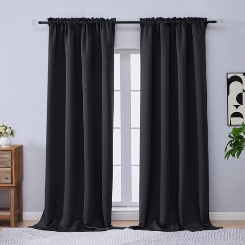 Image of Black Blackout Curtains 96 Inch Length 2 Panels Set, Solid Thermal Insulated Room Darkening Soft Fabric Privacy Curtains for Sliding Door, Dual Rod Pocket Window Drapes, 2x50Wx96L Inches