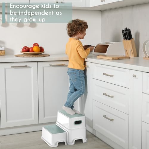 Image of Victostar 2 Step Stool for Kids, Anti-Slip Sturdy Toddler Two Step Stool for Toilet Potty Training, Bathroom,Kitcheng (Green-White)