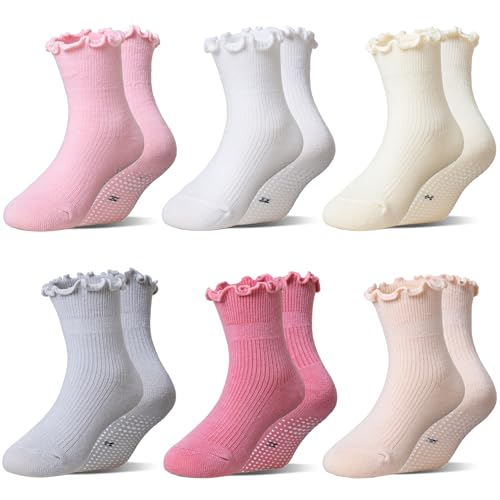 Eocom Toddler Ruffle Socks Baby Girls Non Slip Frilly Dress Cotton Grips Socks 6 Pairs(Pink Set 1-3T)