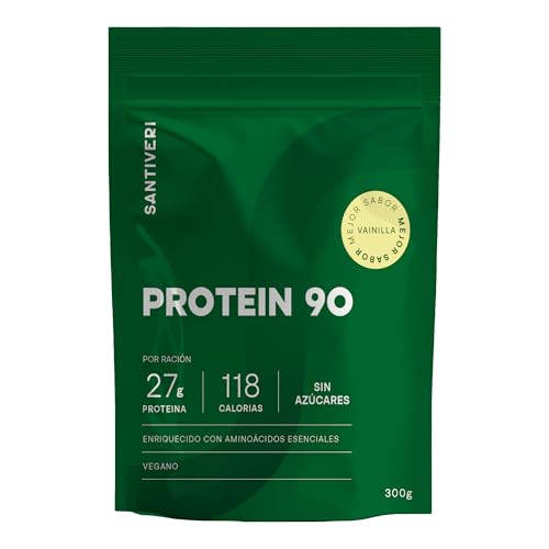 SANTIVERI – Protein 90 Instantáneo en Polvo, Proteína 100% Vegetal, 27 Gramos por Ración, Enriquecida con Aminoácidos Esenciales y 13 Vitaminas, sin Gluten, Lactosa ni Azúcares, Sabor Vainilla – 300g