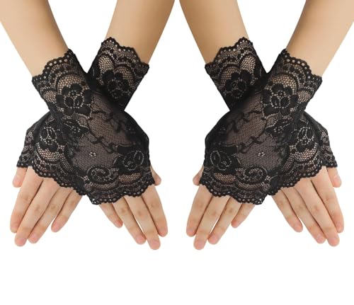 Lace Gloves Short Fingerless 2PCS Black Lace Gloves for Women Half Finger Floral Summer Sun Gothic Accessories Bridal and Bridesmaids Banquet Halloween Wedding Tea Party Prom Cosplay Masquerade