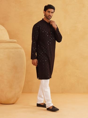 Image of SOJANYA Men's Coffee Brown Cotton Blend Kurta with Intricate Embroidery & Subtle Sequin Work