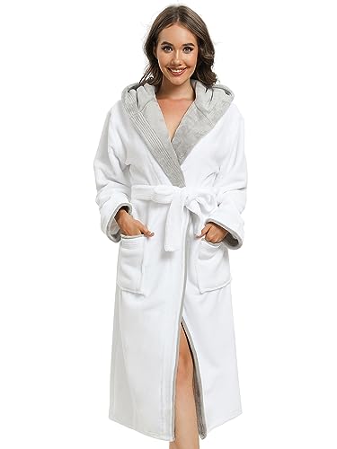 Kniffi Womens Winter Robe Fleece Hooded Bathrobe Plush Warm Robes2