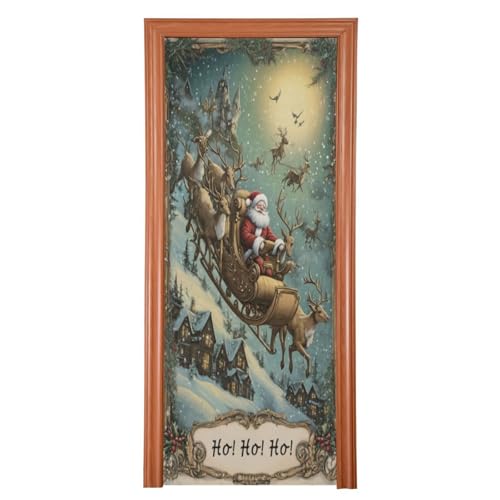 J JOYSAY Christmas Night Santa Reindeer Door Decorations Door Cover Christmas Decorations Door Xmas Front Door Decorations for Christmas Party,32x79 in