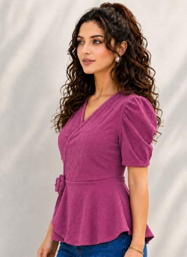 Image of IUGA Women Black Wrap Peplum Top for Women | Puff Half Sleeves V-Neck Casual Western Top | Stylish Regular Fit Tops for Girls