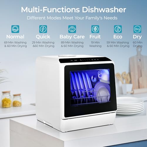 EUHOMY Countertop Dishwasher Portable with 6 Programs, 5L Built-in Water Tank for Apartments & RV, 167โ High-Temp, No Hookup Needed, Mini Dishwasher with Baby Care, Air Dry/Quick/ECO/Fruit/Normal Mode