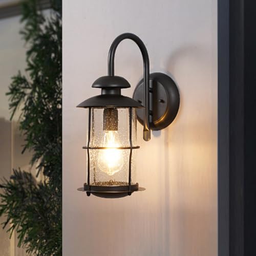 LOGT Lámpara de Pared Exterior Retro Aplique Impermeable Negro, Pantalla de Cristal Lámpara Exterior Aluminio Vintage Luz Exterior E27 Iluminación de Pared Interior para Puertas de Balcón, Apliques