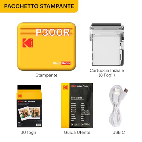 Kodak - Mini 3 Retro Regalo Di Natale 4PASS, Stampante Per Foto Portatile (7,6 X 7,6 Cm), Confezione Con 38 Fogli, Colore: Giallo. - 7