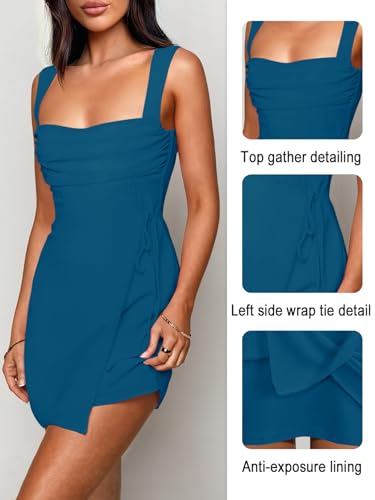 Image of Women's Sexy Ruched Mesh Midi Short Dresses for Women Square Neck Fitted Elegant Club Party Cocktail Dress
