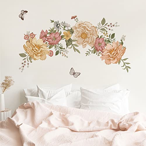 Mfault Vintage Peony Flowers Leaves Peel Stick Wall Decal Sticker, Boho Floral Butterfly Botanical Plant Nursery Decoration Girls Bedroom Living Room Art, Women Teen Kids Room Home Kitchen Decor Gift #TOP6