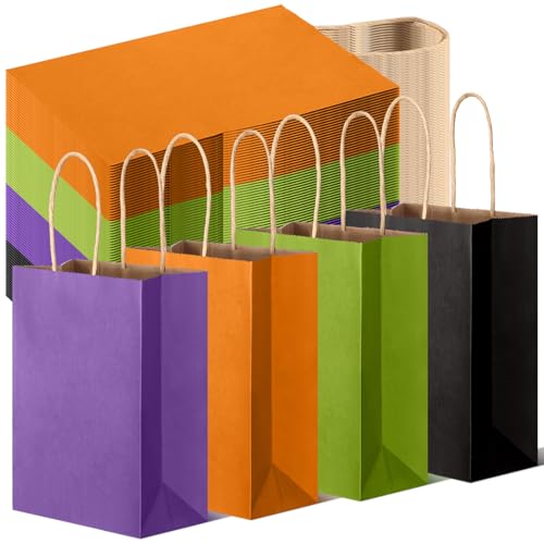 Tenceur 100 Pcs Halloween Favor Gift Baas Bulk Paper Treat Bags with Handle