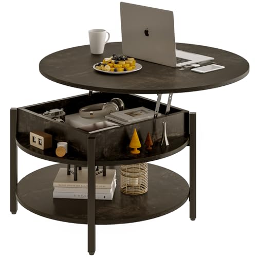 FABATO Round Lift Top Coffee Table with Storage and Hidden Compartment, 68cm Farmhouse Coffee Table for Living Room Reception Room, 2 Tier Small Round Coffee Table Circle Dining Table, Black Oak