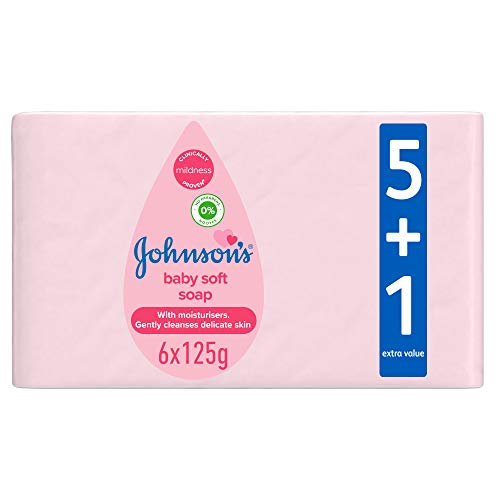 Johnsons Baby Soft Soap Gentle & Moisturising Cleanser for Delicate Skin Hypoallergenic Pack of 6 (125G Each) 5+1 Free Offer Protects Skin Barrier Suitable for Infants & Toddlers