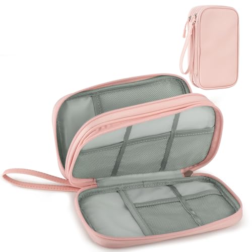 Arae Elektronik Zubehör Organizer, Kabeltasche Travel Essentials, Doppelschicht Reise Kabel Tasche, Electronic Accessories für Ladegerät, USB, SD Karten (Leder Rosa, M)