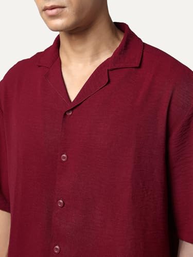 Image of Urbano Fashion Men's Cotton Half Sleeve Relaxed Fit Textured Shirt with Cuban Collar