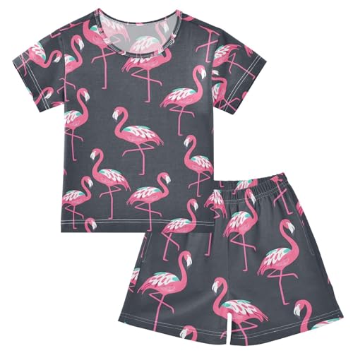 ALAZA Flamingo Bird Black Pajamas Set Short Sleeve Cotton Sleepwear Summer Pjs 2 Piece 5-14Y
