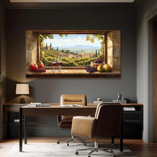 crmotu Window View Extra Large Wall Art, Italian Vineyard Landscape Canvas Prints, Grape Farms Beyond the Vintage Windowsill, Rustic Kitchen Dining Room Pictures Wall Decor for Wine Lovers 30x60 Inch