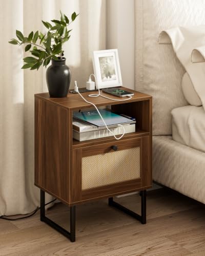 Image of Masupu Rattan Nightstand with Charging Station, Modern Boho Farmhouse Wood Bedside Table with Storage Drawer and Open Shelf, Side End Table for Bedroom, Office (Walnut)