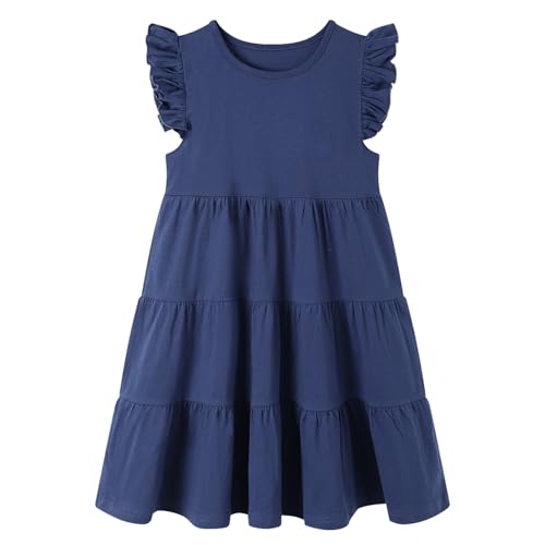 Image of HILEELANG Girls Cotton Tiered Dress Flutter Ruffle Sleeve Summer Swing Sundress Birthday Party Casual Outfit Colorblock 2-12Y