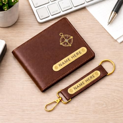 Image of Premium Customized Wallet & Keychain Combo for Men - Stylish Nexon Leather Gift Set with Personalized Name & Charm - Ideal Birthday, Anniversary & Festival Present (Brown)