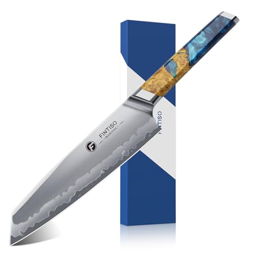 FINTISO Chef Knife 8 inch Kitchen Knife in S35VN Powder Steel Core Japanese Chef Knife, 7-Layers Clad Steel Cooking Knife Super Sharp Knife for Kitchen with Celestial Resin & Wood Handle Gift Box