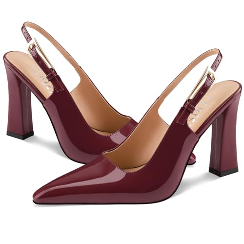 Women's Block high Heels Slingback, Pointed Closed Toe Ankle Strap Fashioned Patent Leather Pumps Shoes.2