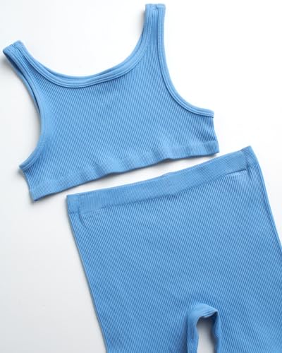image for LaLa Girls' Active Shorts Set - 2 Piece Seamless Ribbed Crop Tank Top 