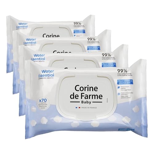 Corine de Farme - Change Water Essential Baby Wipes x70 - Vegetable Fibre Toiletry Product - 99% Ultra-Purified Water - Hygiene from Birth - Resealable Hood (Paquete de 4)