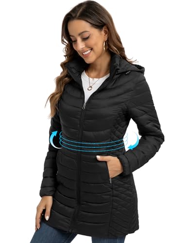 ROYAL MATRIX Packable Puffer Jacket for Women Hooded Lightweight Quilted Travel Long Puffer Coat with Pockets2