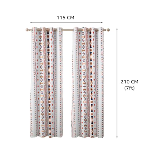 Image of Amazon Basics - Geometric Print Light Filtering Curtains | 100% Cotton 150 TC | Set of 2 | 7 Feet | 115 x 210 cm | Multi-Color | Eyelets & Tiebacks| Ideal for Bedroom and Living Room