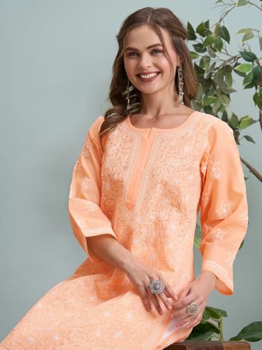 Image of Ada Women's Cotton Straight Fit Straight Hand Embroidered Lucknowi Chikankari Kurta Kurti A411165