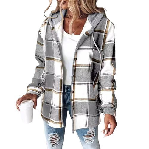 Jackets for Women with Hood Casual Loose Button Down Buffalo Plaid Flannel Shirts Fall Winter Fashion Shacket Coats